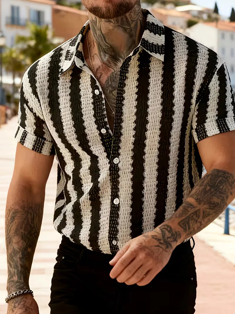 Chemise Rayée Noire Et Blanche À Manches Courtes Pour Hommes