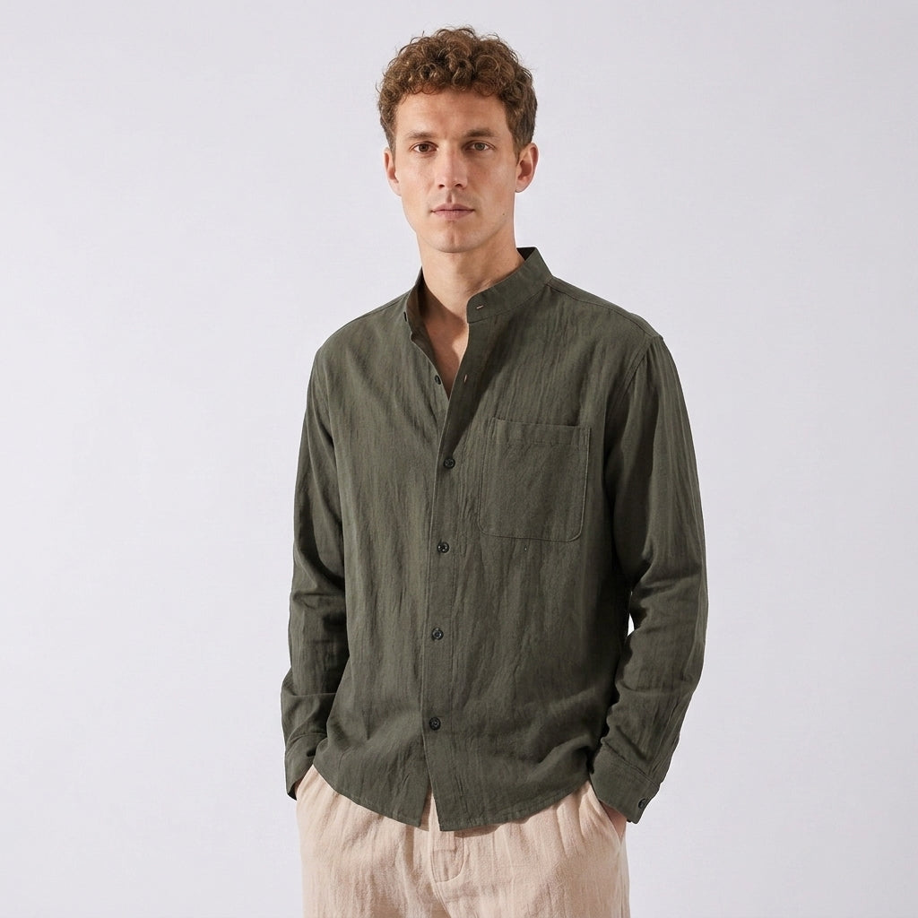 Chemise À Col Mao Boutonnée Pour Hommes