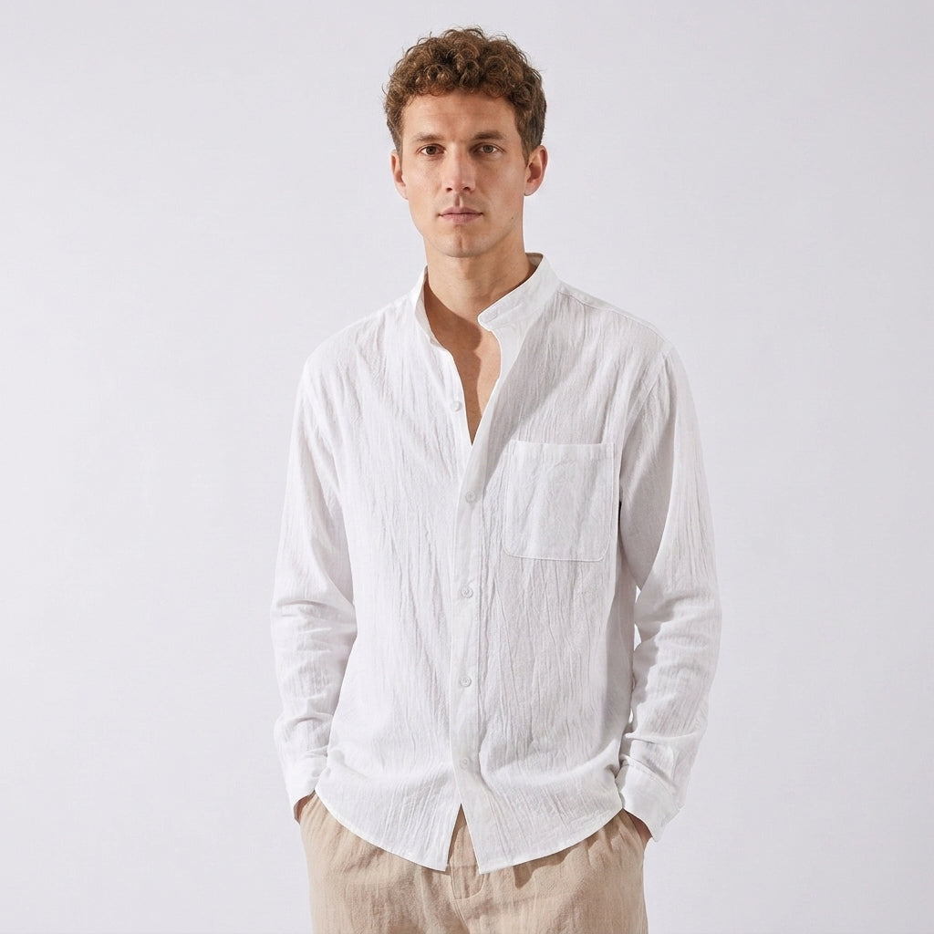 Chemise À Col Mao Boutonnée Pour Hommes