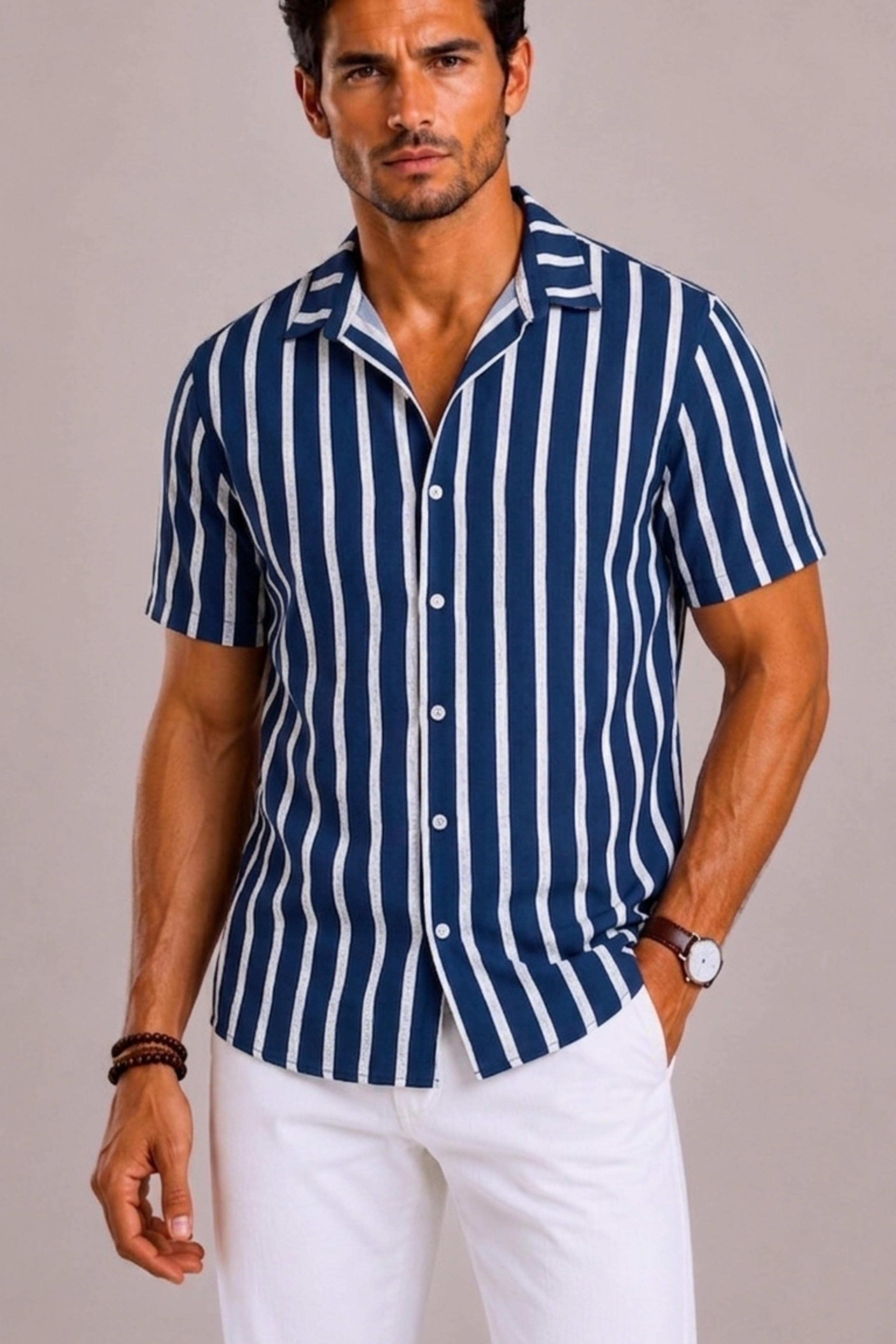 Chemise Rayée Avec Manches Courtes Pour Hommes