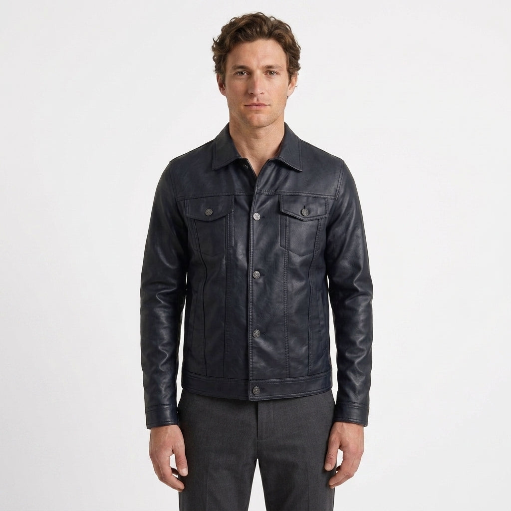 Veste Boutonnée En Similicuir Pour Hommes