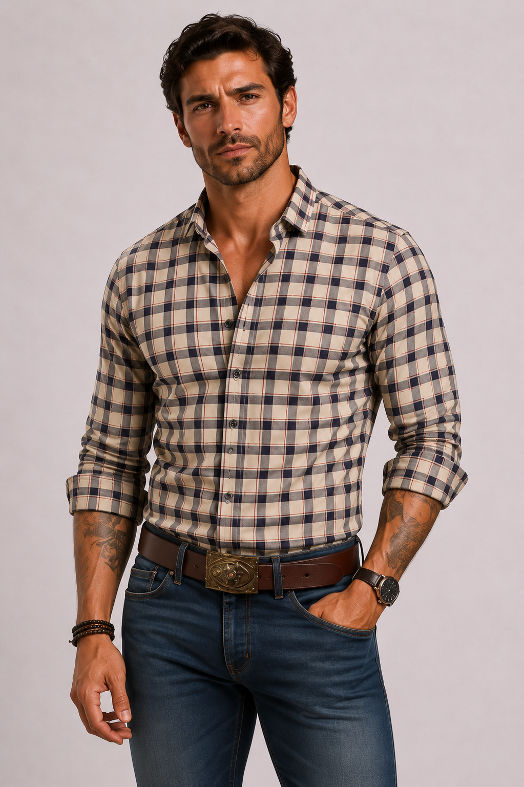 Chemise carreaux hommes - Beige