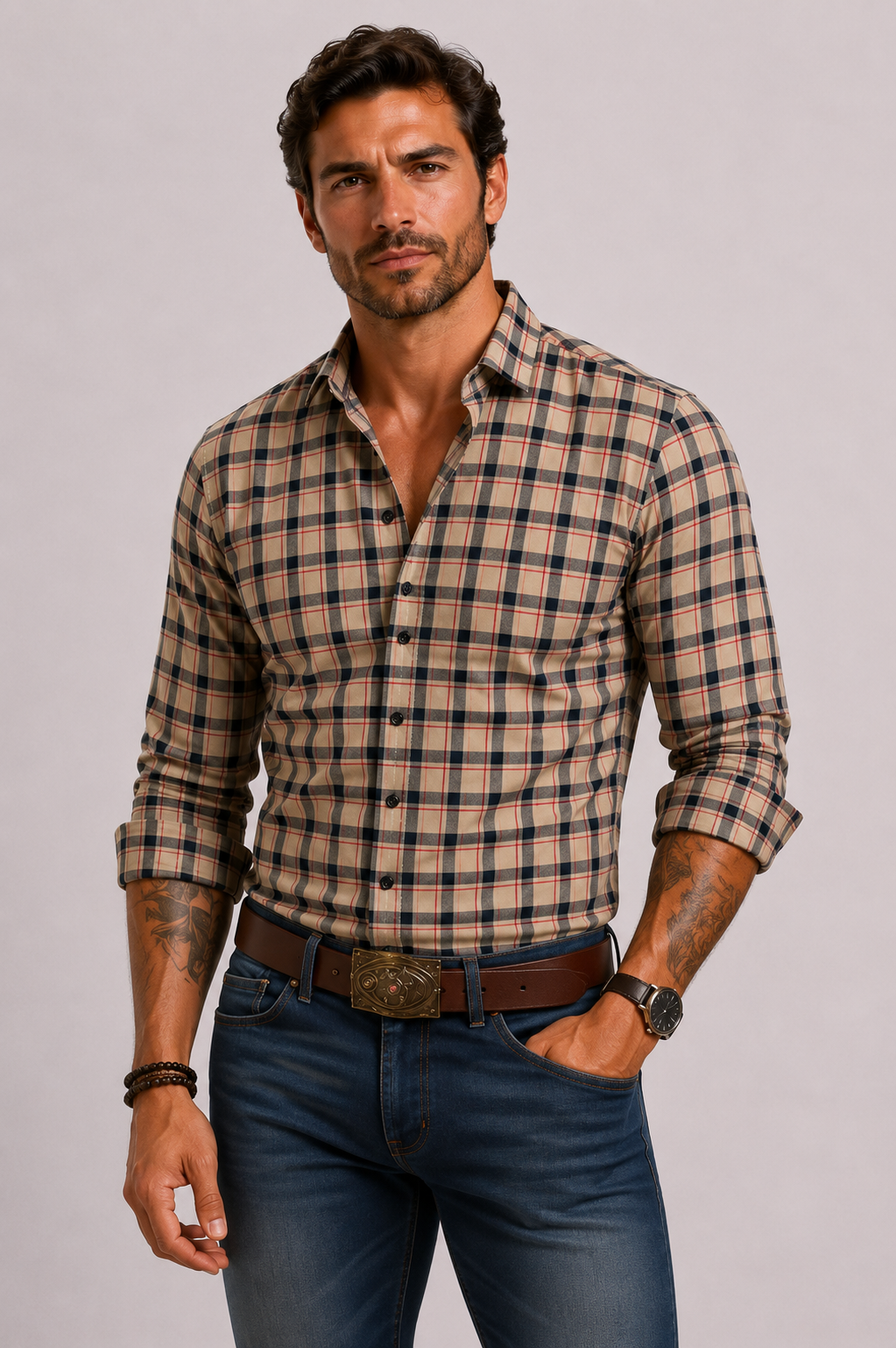 Chemise carreaux hommes - Kaki