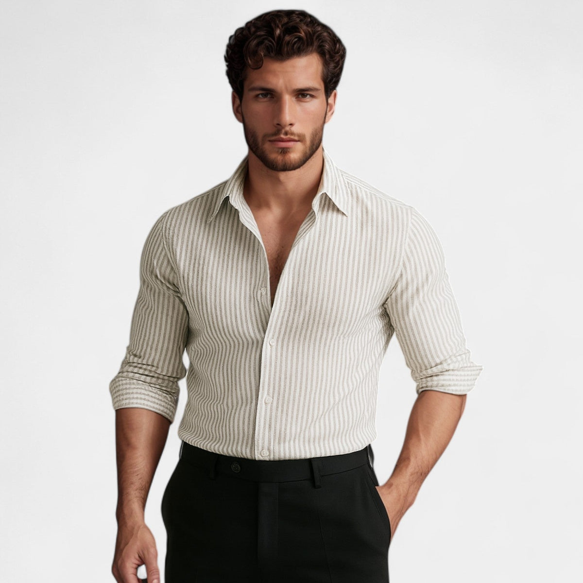 Chemise homme style cardigan à rayures - Blanc