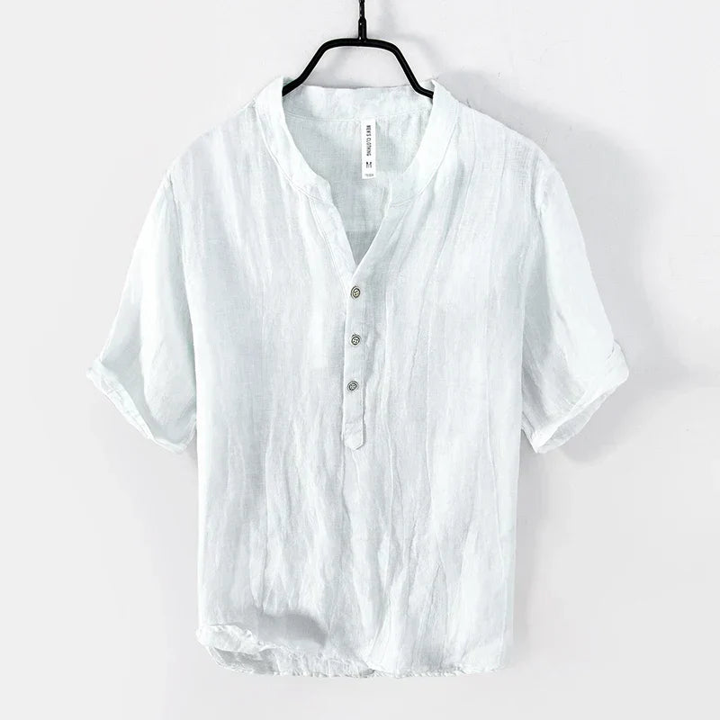 Chemise lin col montant pour homme - Blanc