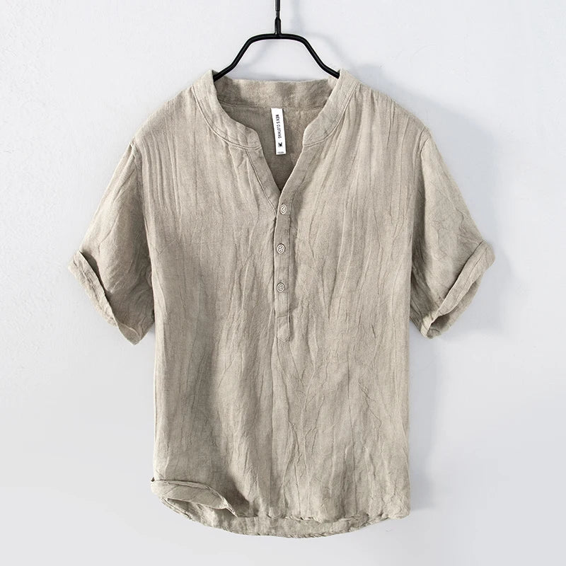 Chemise lin col montant pour homme - Kaki
