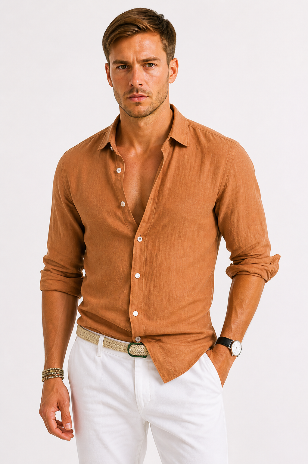 Chemise lin hommes - Marron