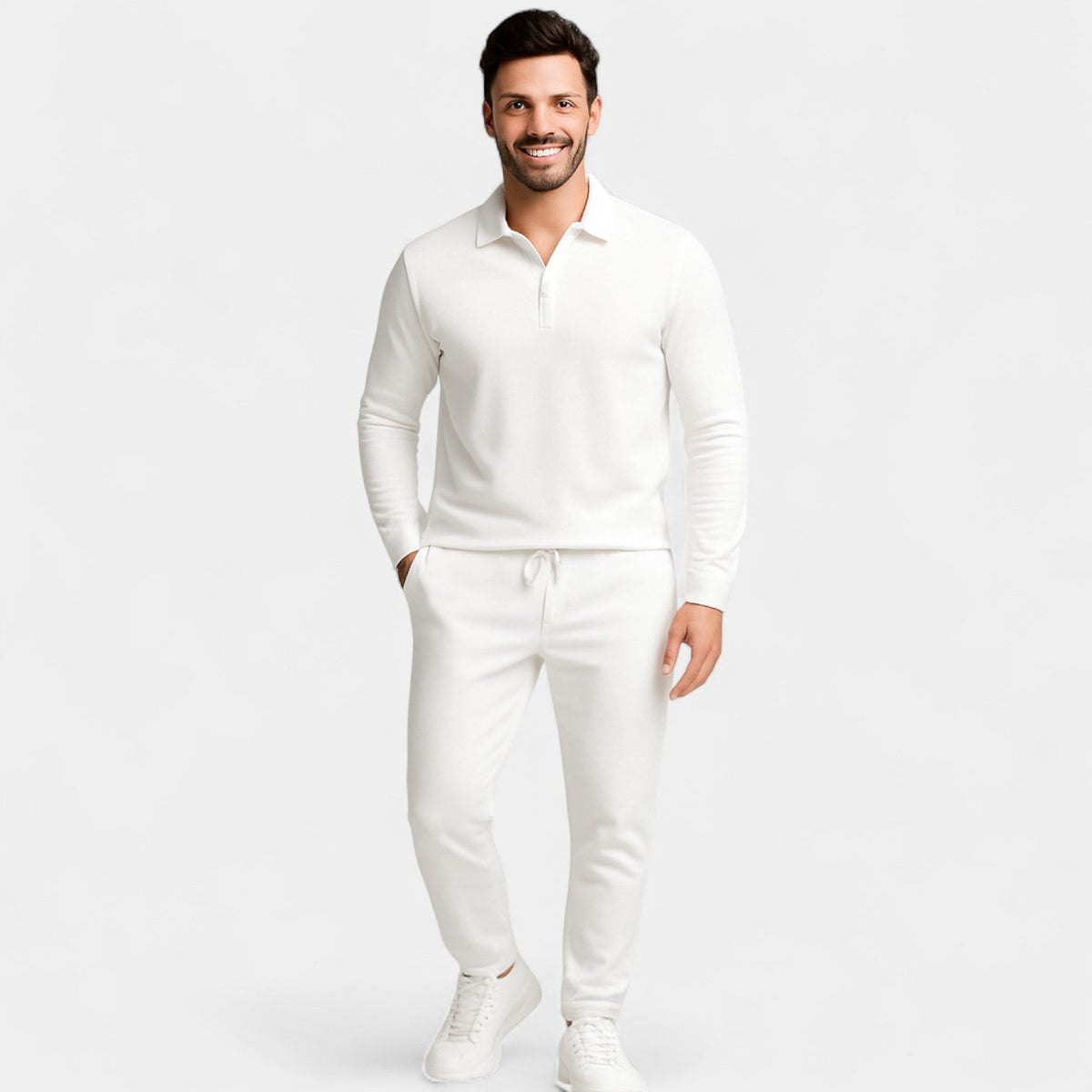 Ensemble homme polo manches longues et pantalon - Blanc