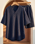 Ensemble tricoté avec col v et short pour hommes - Bleu marine