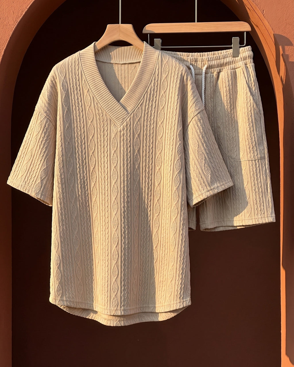 Ensemble tricoté avec col v et short pour hommes - Kaki