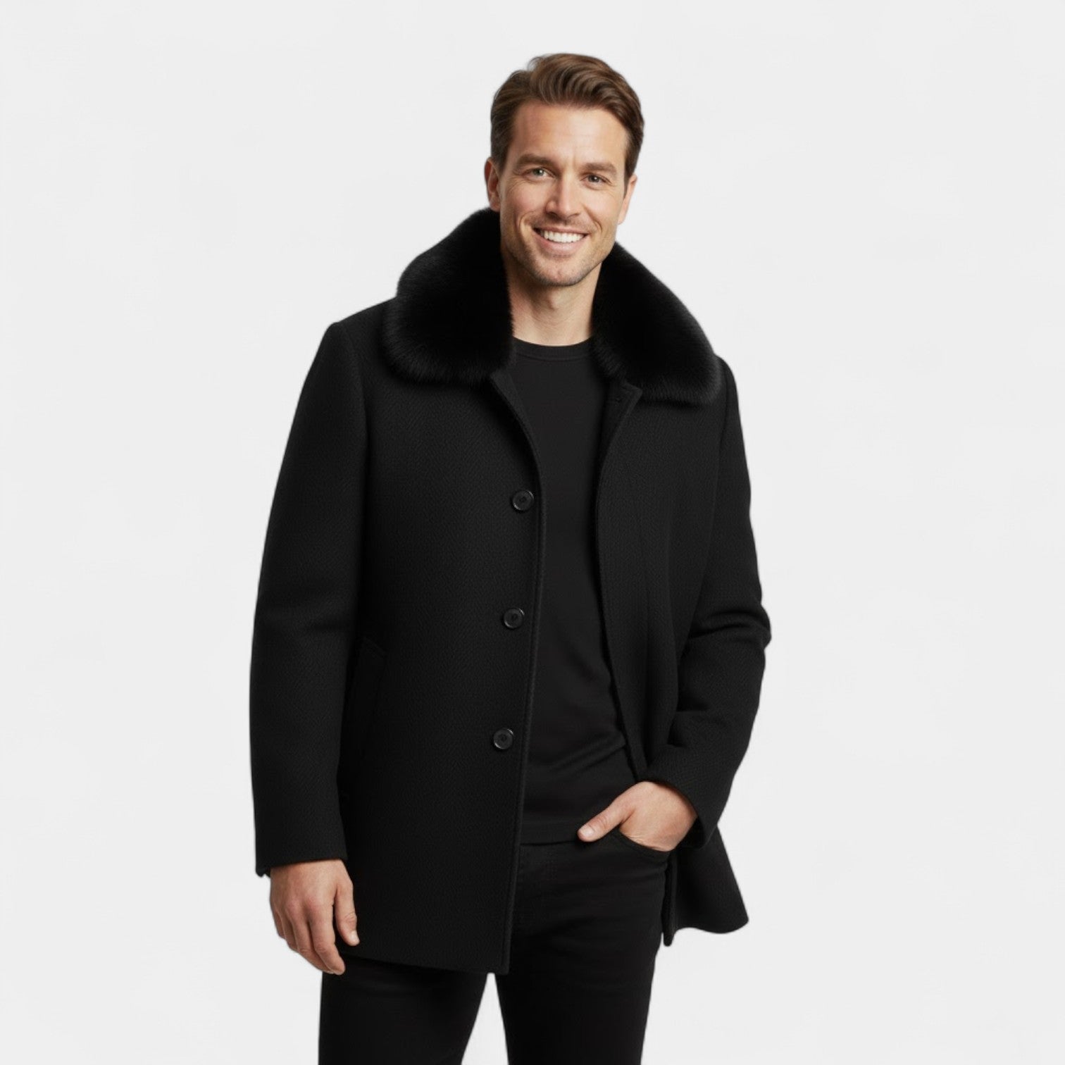 MANTEAU HOMME TRENCH LAINE COL FOURRURE
