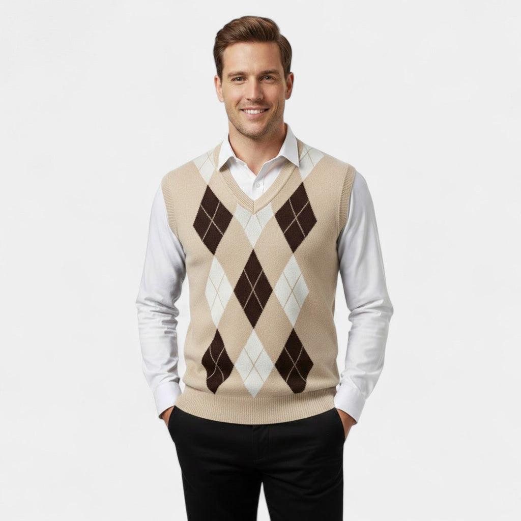 GILET SANS MANCHES HOMME COL V MAILLE À CARREAUX