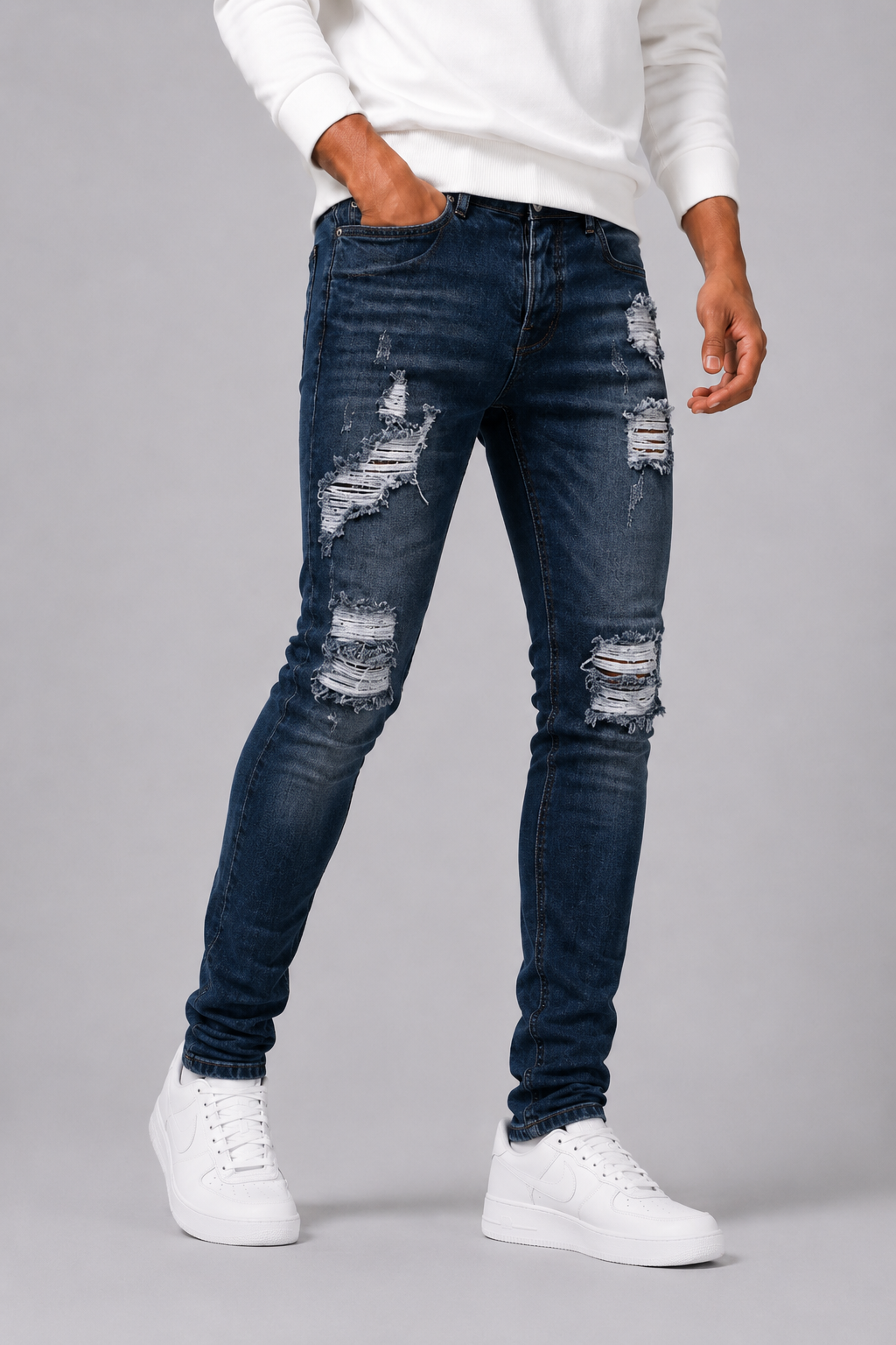 Jeans slim déchiré hommes - Bleu foncé