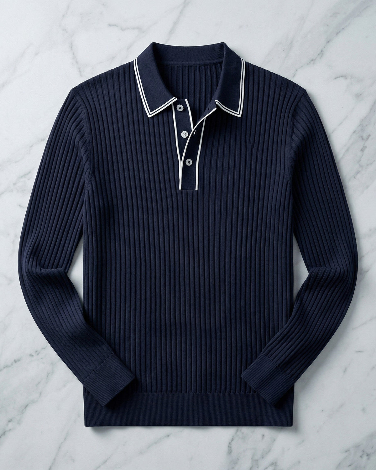 Polo tricoté côtelé avec col classique pour hommes - Bleu marine