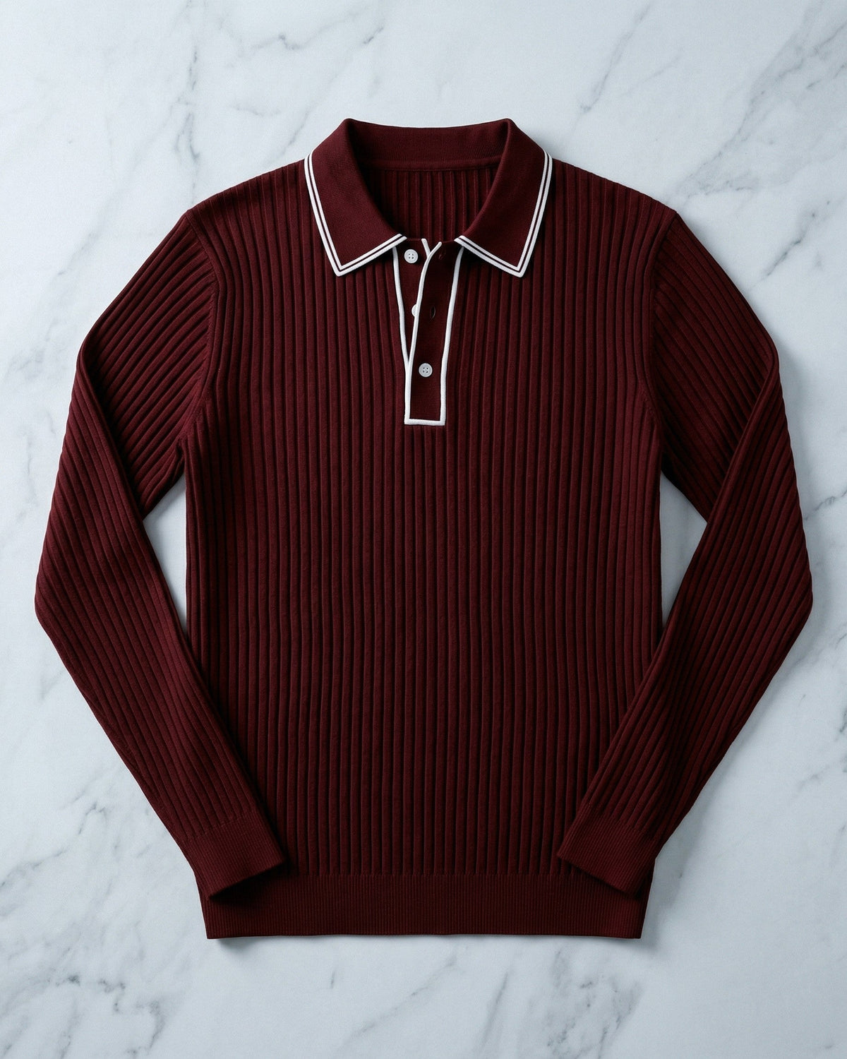 Polo tricoté côtelé avec col classique pour hommes - Rouge bordeaux