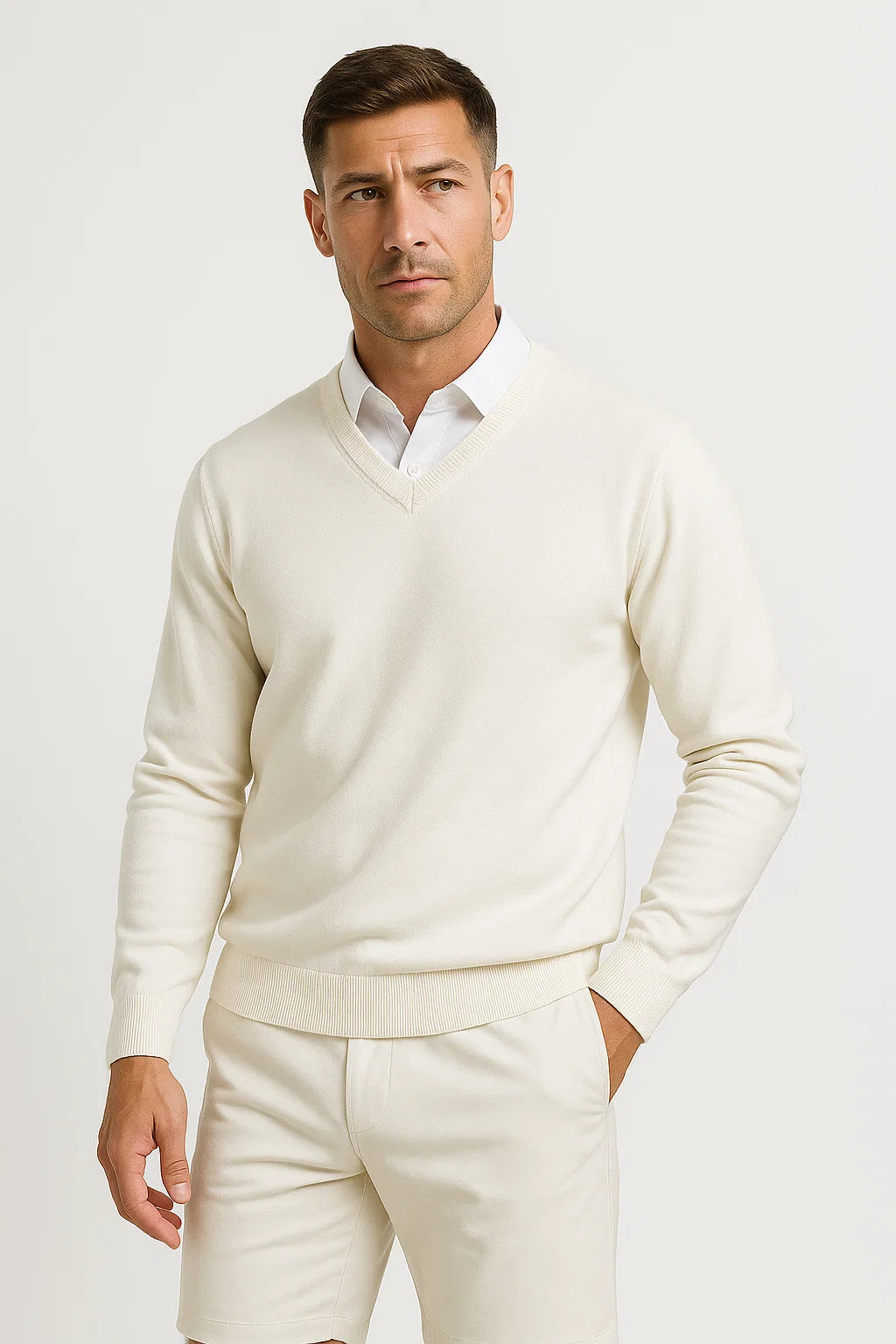 Pull col en v slim fit pour homme - Blanc