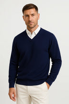 Pull col en v slim fit pour homme - Bleu Marine