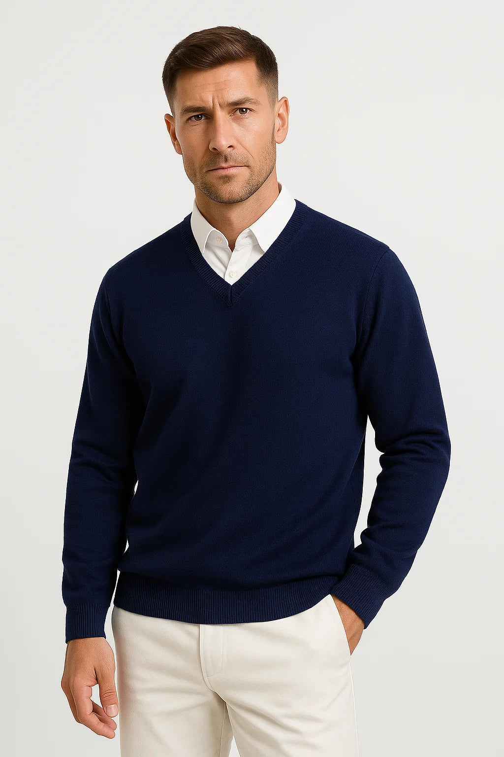 Pull col en v slim fit pour homme - Bleu Marine
