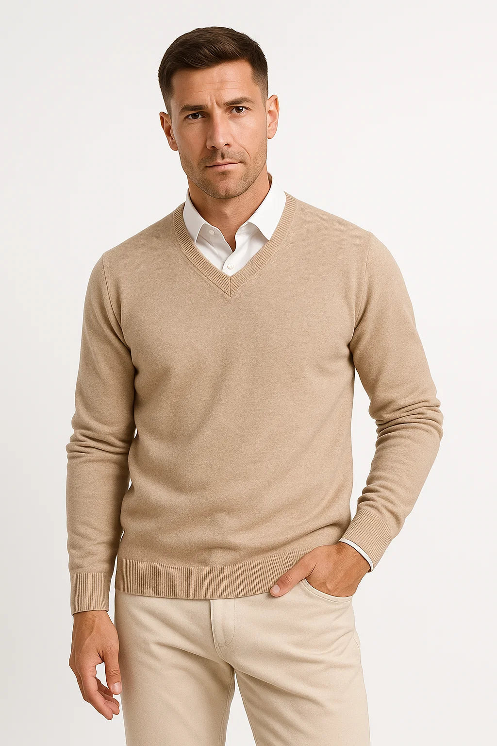 Pull col en v slim fit pour homme - Camel