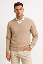 Pull col en v slim fit pour homme - Camel