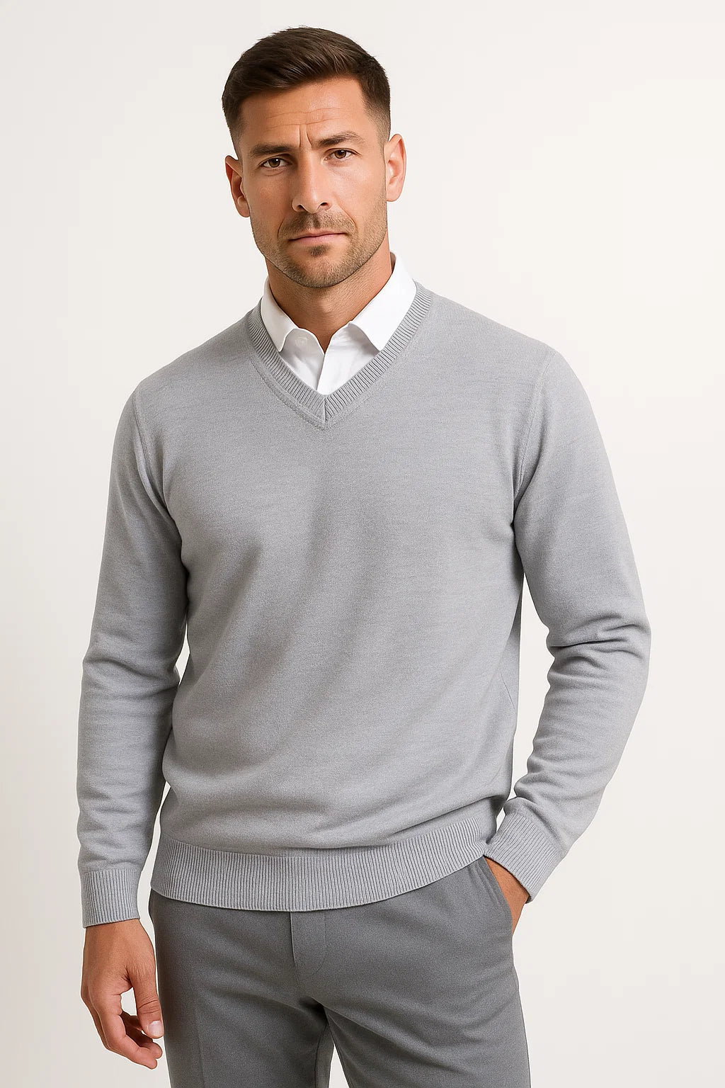 Pull col en v slim fit pour homme - Gris