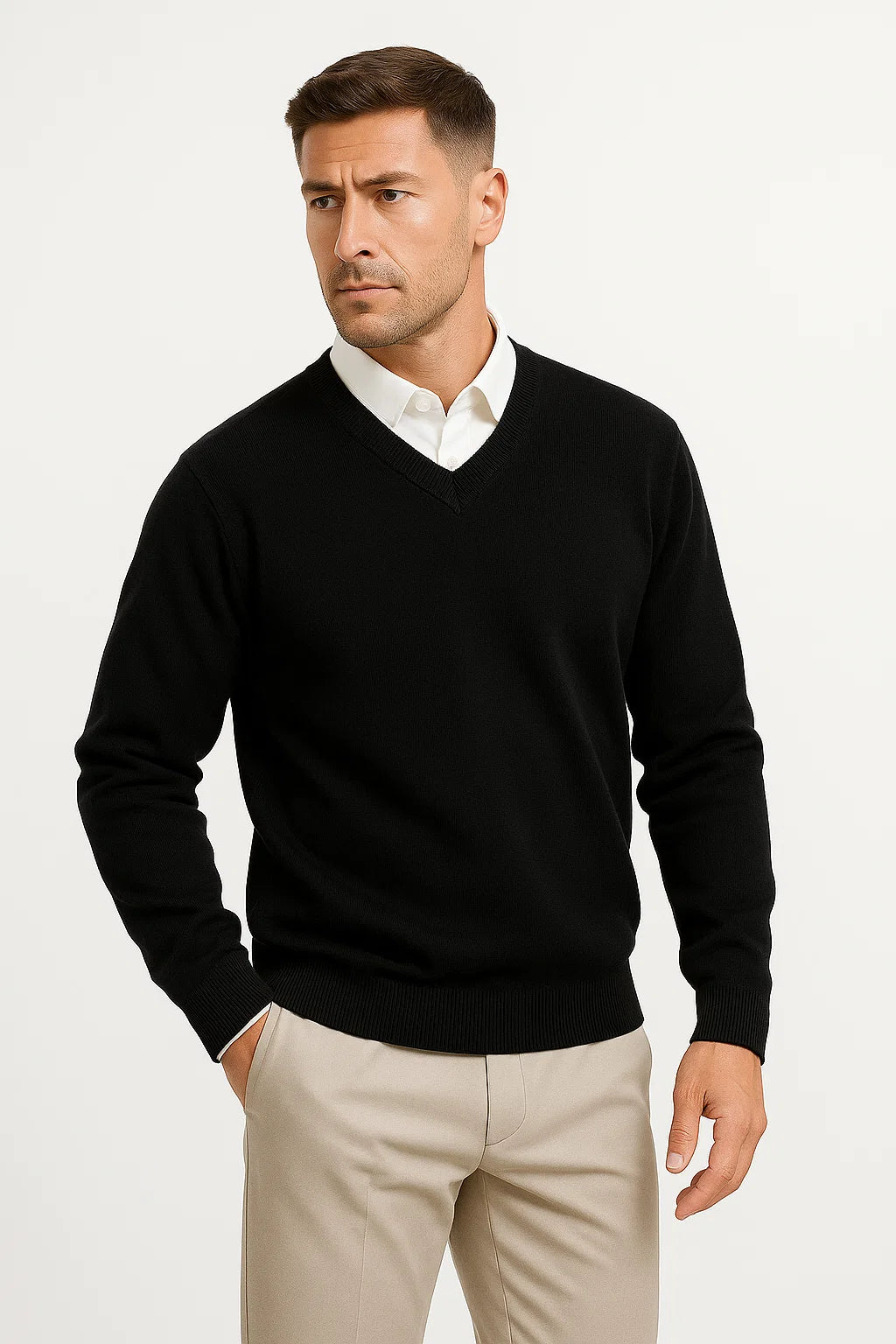 Pull col en v slim fit pour homme - Noir