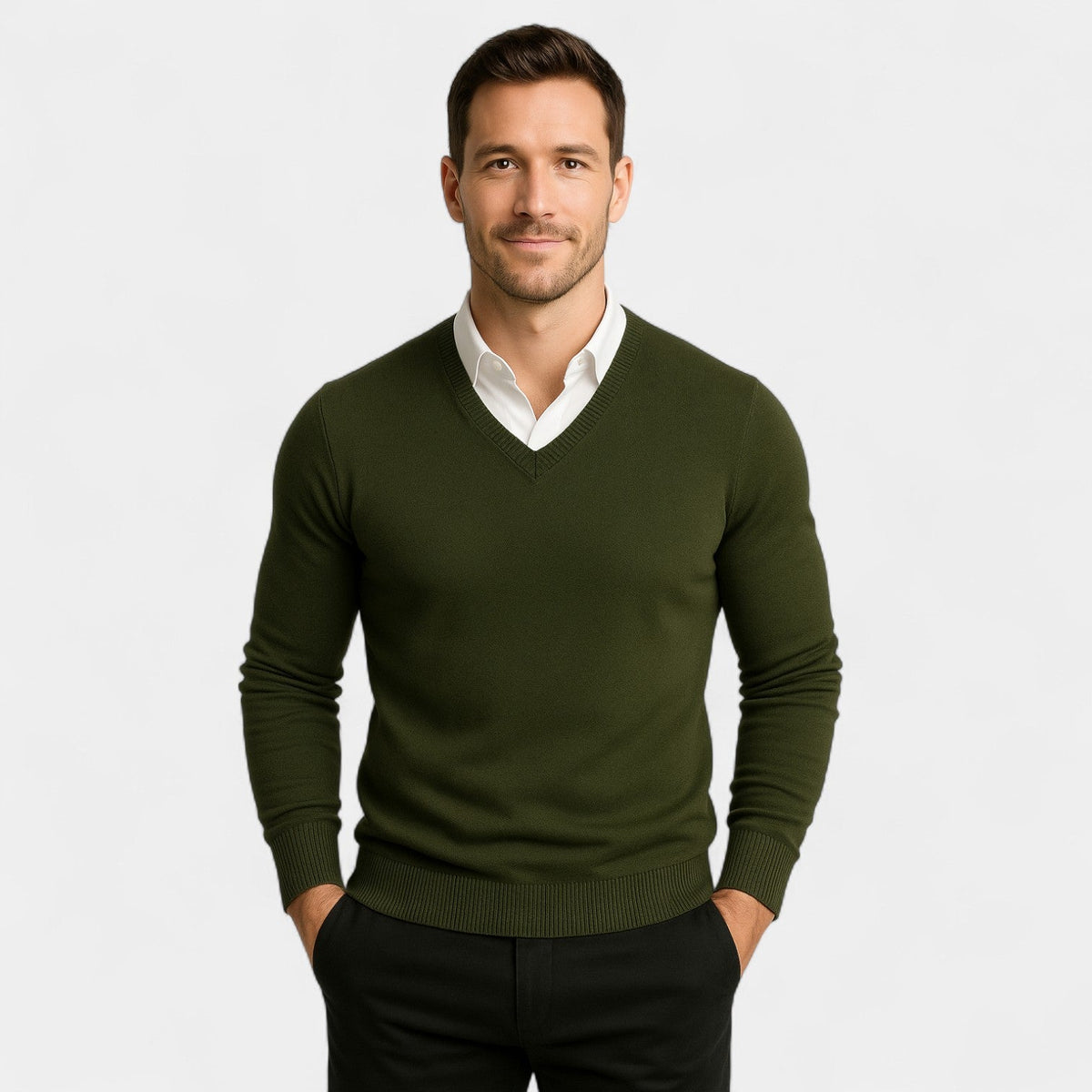 Pull homme col v maille fine - Vert militaire