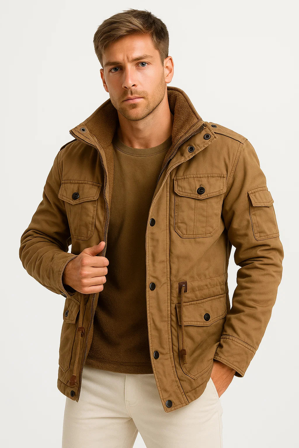 Veste polaire à capuche pour homme - Kaki