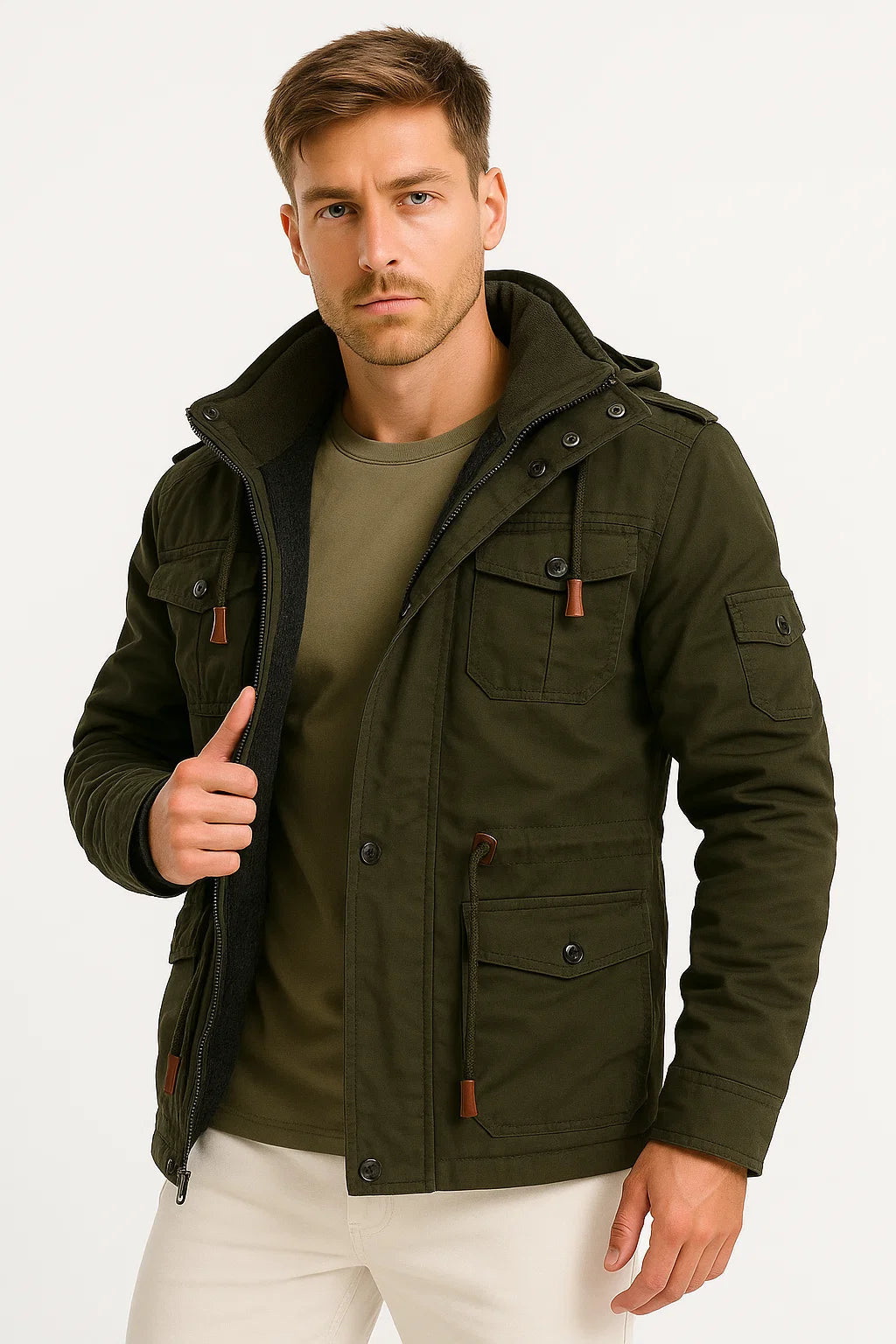 Veste polaire à capuche pour homme - Vert Armée